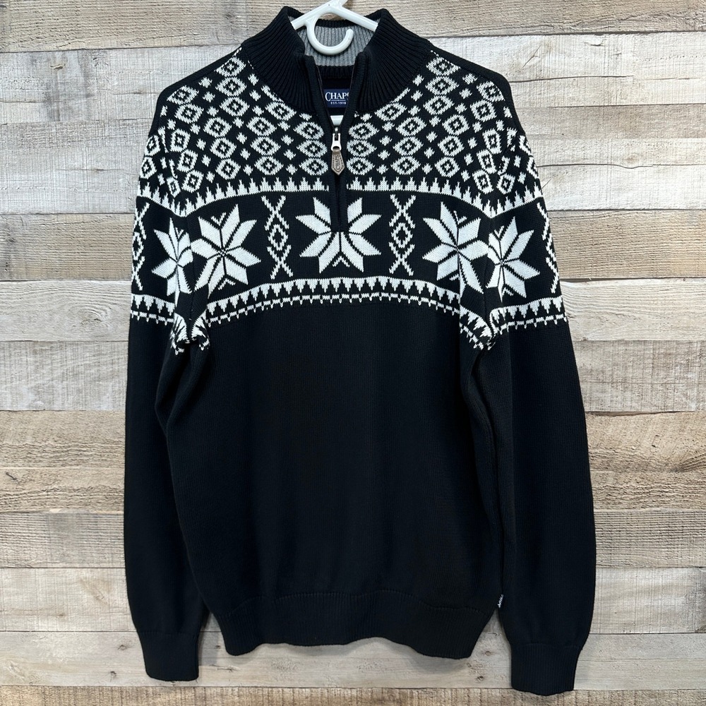 Chaps Mens Fair Isle Snowflake 1/4‎ Zip Pullover Sweater Black White M